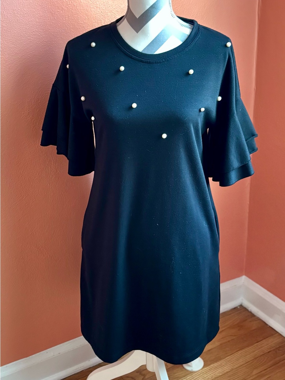 V by Violet Weekend, Black Pearl-Embellished Ruffle Sleeve Mini Dress